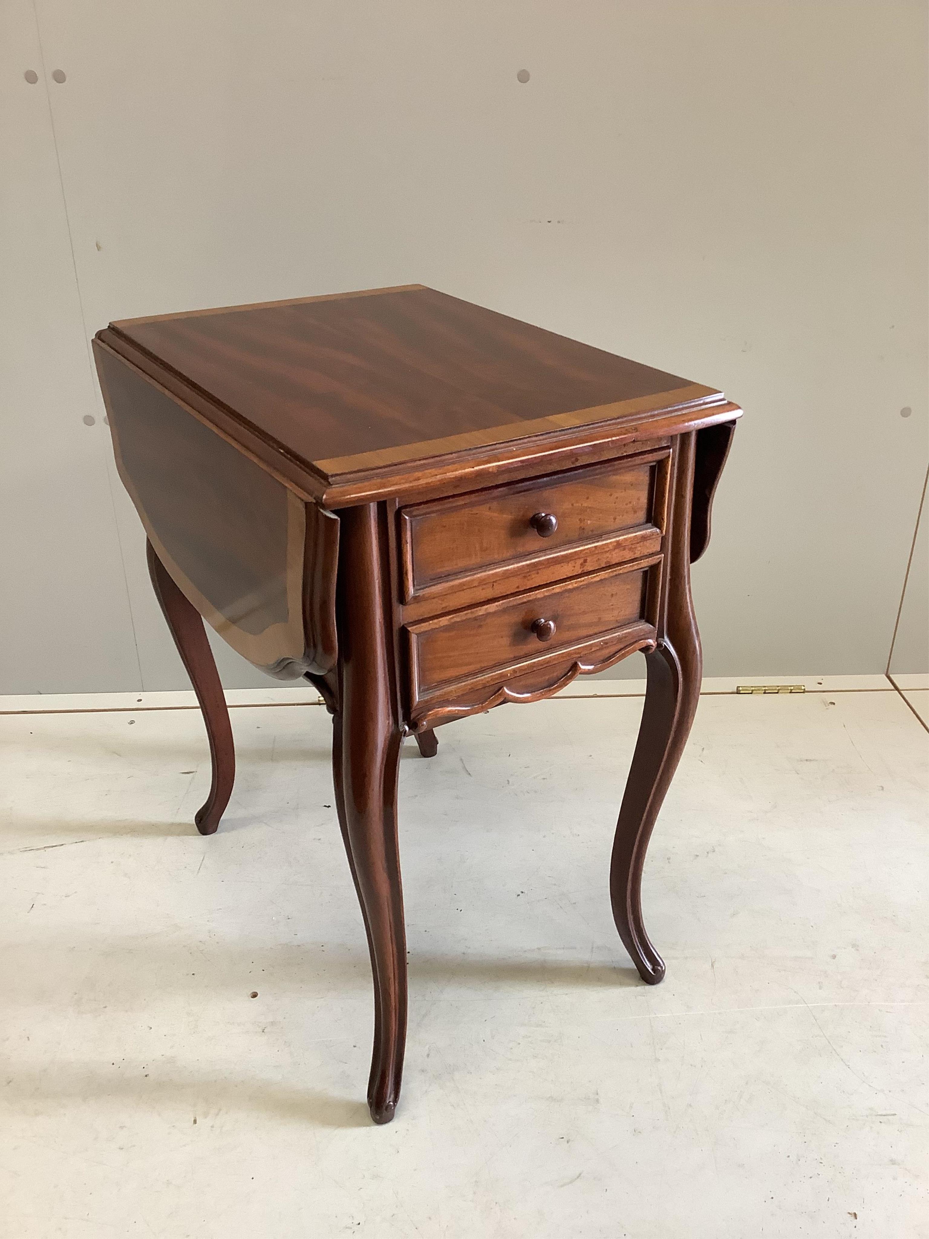 A 19th century French mahogany drop leaf occasional table, height 68cm, depth 56cm, width 41cm. Extended width - 83cm. Condition - good